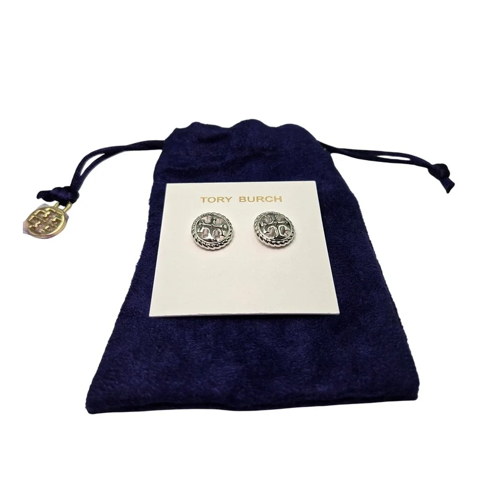 Tory Burch Stud Earrings Silver Tone Logo Round Designer Jewelry